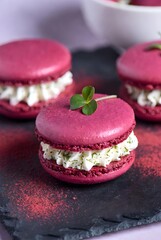Beetroot & Dark Chocolate Savory Macarons with Whipped Feta Filling. Great Food Fusion. Food Creativity.