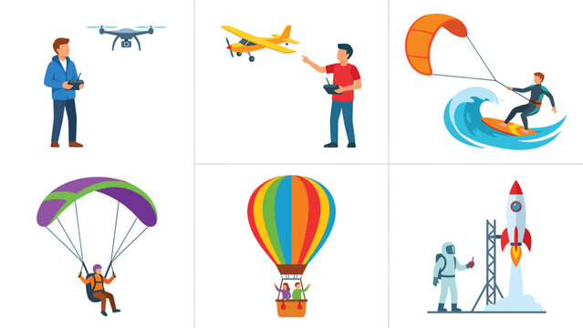 Aerial Activities & Flying Adventures: Drone, RC Plane, Kitesurfing, Parachuting, Hot Air Balloon, Rocket Launch Illustrations