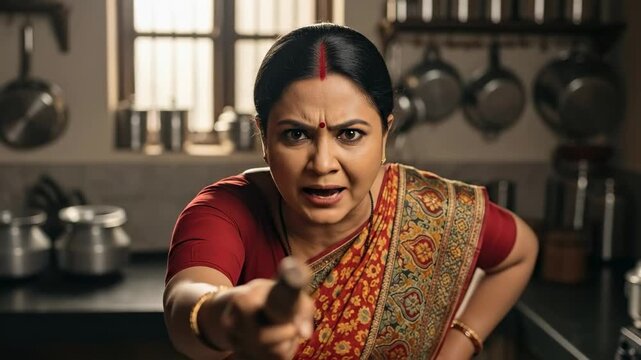Angry Indian housewife in traditional red saree shouting and holding a wooden rolling pin in a kitchen setting, middle aged woman expressing rage and frustration