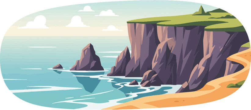 A pixelated coastal cliff scene with calm turquoise water and sandy shore