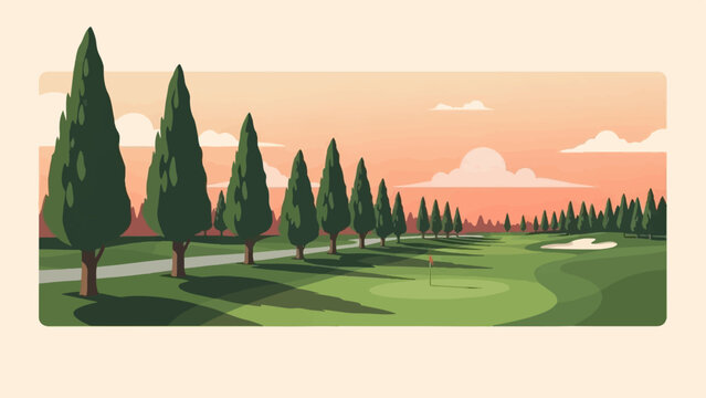 A pixelated golf course with tall trees and a warm sunset sky