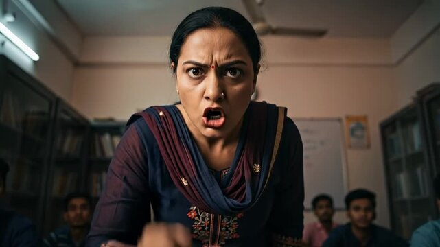 Strict Middle Aged Indian Female Teacher Pointing Finger and Shouting in Classroom, Angry Woman Disciplining Students in School Library, Education and Authority Concept