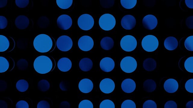 Close up view of abstract blue 3D cylinder dots moving. Big geometric circles background loop.
