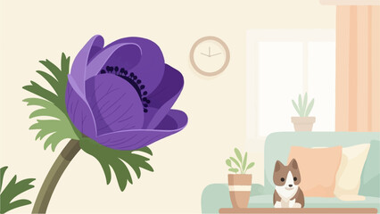 A purple anemone blooms next to a cozy living room with a dog
