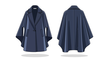 Elegant dark blue women's cape coat flat technical drawing showing front and back views. Ideal for fashion design, textile projects, and apparel