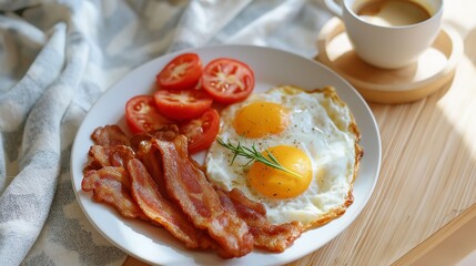 A delightful breakfast scene showcases crispy bacon strips alongside two sunny-side-up eggs, perfectly cooked and garnished, with ripe tomato slices highlighting the dish's freshness and color