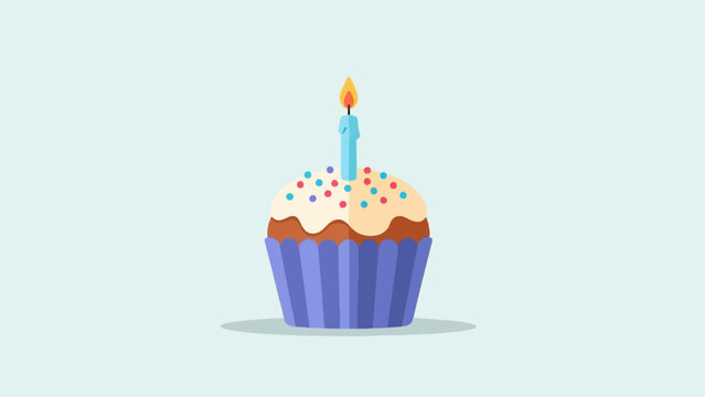 A single decorated cupcake with a lit candle rests on a light blue backdrop