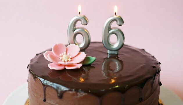 A delicious chocolate cake with glowing 66th birthday candles and a delicate pink flower