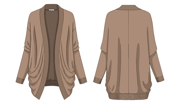 Technical fashion flat illustration showing front and back views of a versatile comfortable brown women's open front draped casual cardigan for