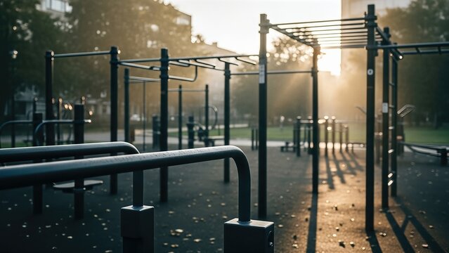 Outdoor fitness park at sunrise with workout equipment for calisthenics and exercise