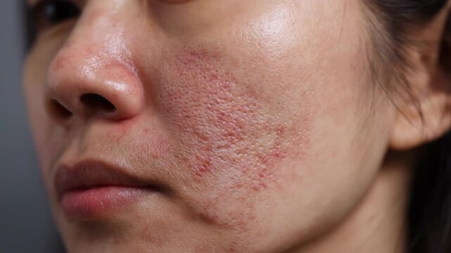 Extreme close-up of sensitive Asian skin with redness and irritation, detailed view of skin texture damaged by chemical exfoliation or BHA.