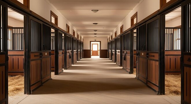 Luxury horse stable corridor with wooden stalls and natural light