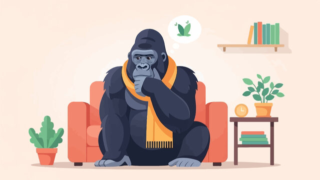 A thoughtful gorilla sits on a couch, contemplating plants