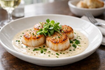 Pan-seared scallops nestled in a creamy herb sauce and topped with fresh microgreens, perfect for promoting cozy bistros, seafood restaurants, and comforting gourmet recipes.