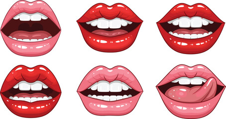 Obraz premium Red and pink glossy lips expressions with open mouth and tongue vector illustration set