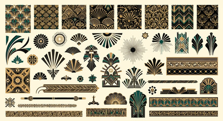 Decorative art deco elements collection featuring geometric floral and ornamental designs for © iconic wina Art
