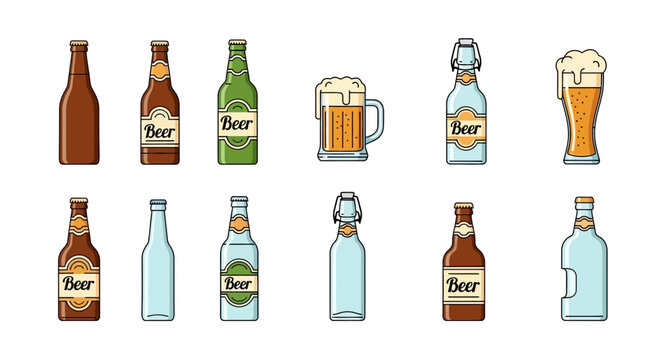 An assorted collection of colorful cartoon vector beer bottles and glasses with beer on a light