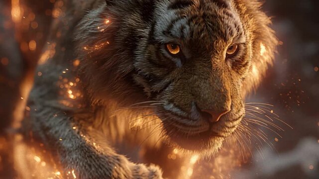 Close-up, three-quarter front view of a brown and patterned lion amidst sparks and lightning against a fiery backdrop, with dramatic lighting from the left - AI-Generated