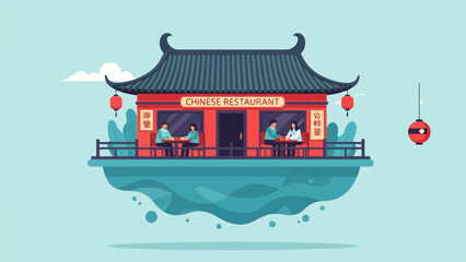 A whimsical floating Chinese restaurant with patrons dining outdoors under lanterns © besi