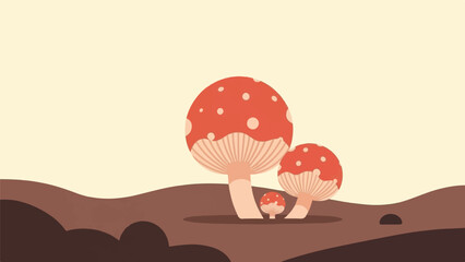 A whimsical illustration of red and white spotted mushrooms on a muted landscape