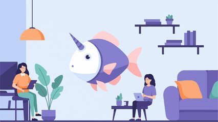 A whimsical unicorn fish floats above two women working on laptops in a cozy room © besi