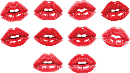 Hand drawn red lipstick lips expressions collection artistic pop art vector illustration set
