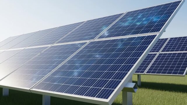 Solar panel array charges energy storage battery in a green field on a sunny day.