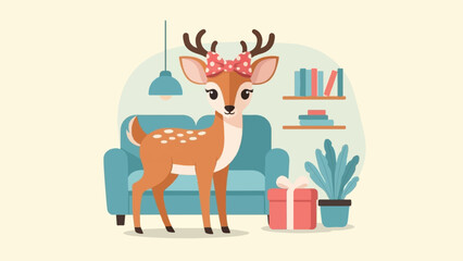 Fototapeta premium Adorable cartoon deer with a bow stands in a cozy living room