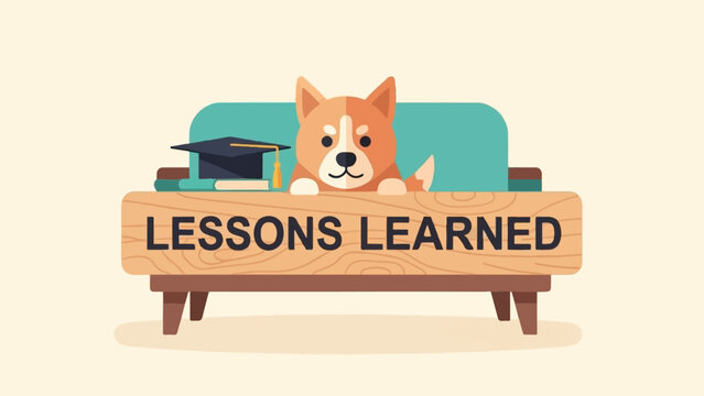 Adorable dog on a couch with "LESSONS LEARNED" sign and graduation cap