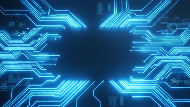 Futuristic circuit digital background blue technology cyber network data connection glowing line abstract tech computer chip electronic pattern innovation concept neon board flow light glows high