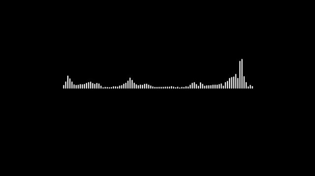 White audio spectrum sound wave animation, dynamic frequency equalizer loop, professional music visualization for podcast video, voice content on black background. 4k video