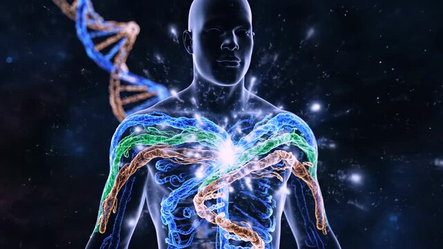 human silhouette illuminated by DNA helix and bioenergy, luminescent pathways trace cellular networks and metabolic currents, cosmic backdrop emphasizes connection between genome and energy