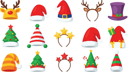 Christmas holiday hats and festive headwear icons collection vector illustration set