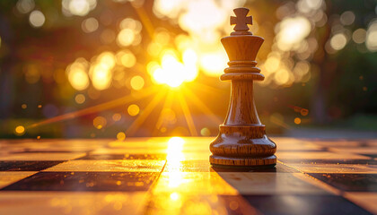 A glowing chess king piece in warm golden sunlight, soft shadows on a wooden chessboard background