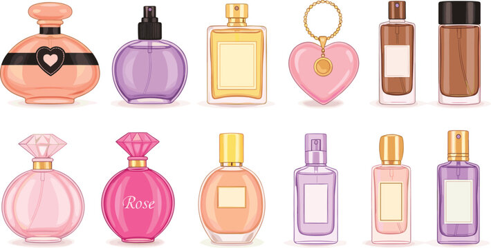 Elegant perfume bottle collection cosmetic fragrance packaging vector illustration set for beauty branding