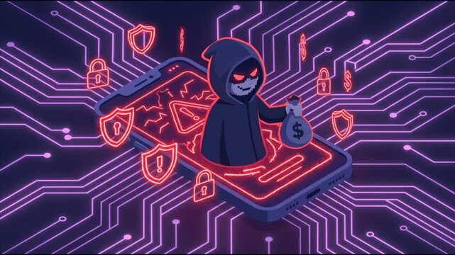 Cybercrime hacker smartphone data theft cyber attack malware digital security mobile banking dark web online fraud cyber security threat mobile phone fraud digital crime alert online scam warning