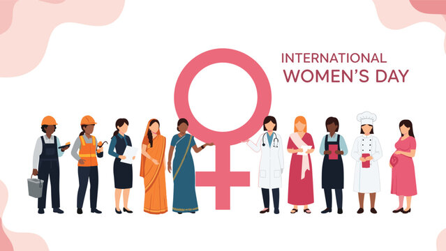 Group of diverse women from many professions stand together in front of a large pink female symbol for International Womens Day celebration.