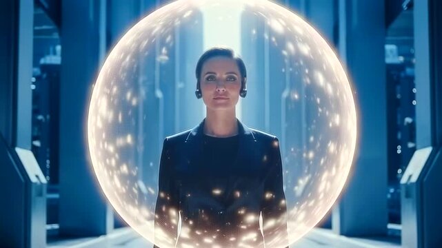 woman inside glowing energy sphere, futuristic facility corridor, confident executive stance, luminous protective orb with drifting sparks, blue ambient light, holographic interface hints,