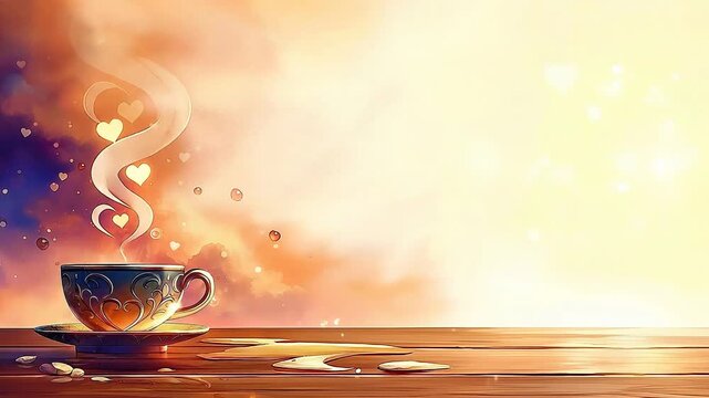 An animated coffee cup with rising heart-shaped steam. Romantic illustration of a hot drink for Valentine's Day. Love and affection concept with copy space for text