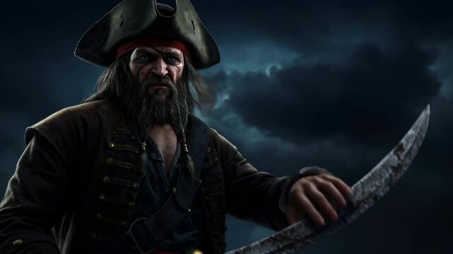 Fierce pirate man with a beard holding a cutlass in changing stormy weather animation