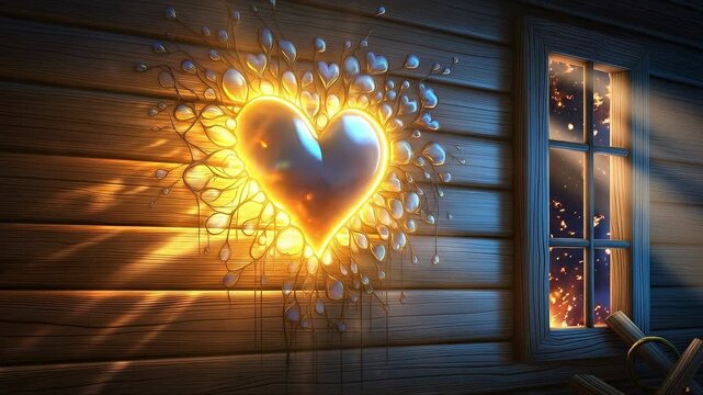 A glowing heart pulsates with warm light on a rustic wooden wall. Romantic animation for Valentine's Day. Love and affection concept