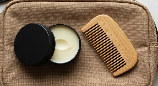 Essential grooming products, including a balm container and wooden comb, resting on a fabric surface.