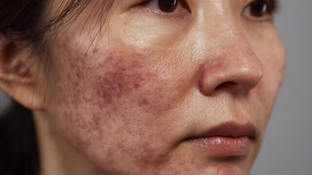 Extreme close-up of sensitive Asian skin with redness and irritation, detailed view of skin texture damaged by chemical exfoliation or BHA.