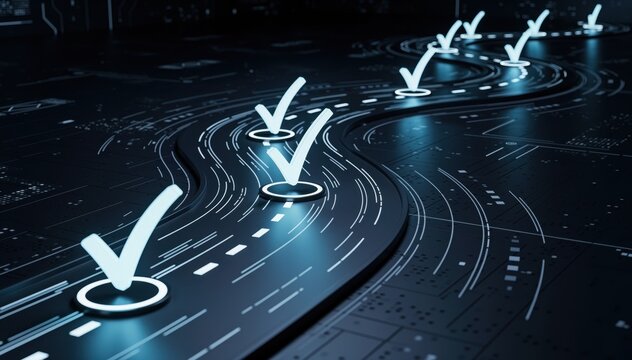 Journey to Success: A digital illustration depicts a winding road with check marks, symbolizing milestones and progress on a journey toward accomplishment.