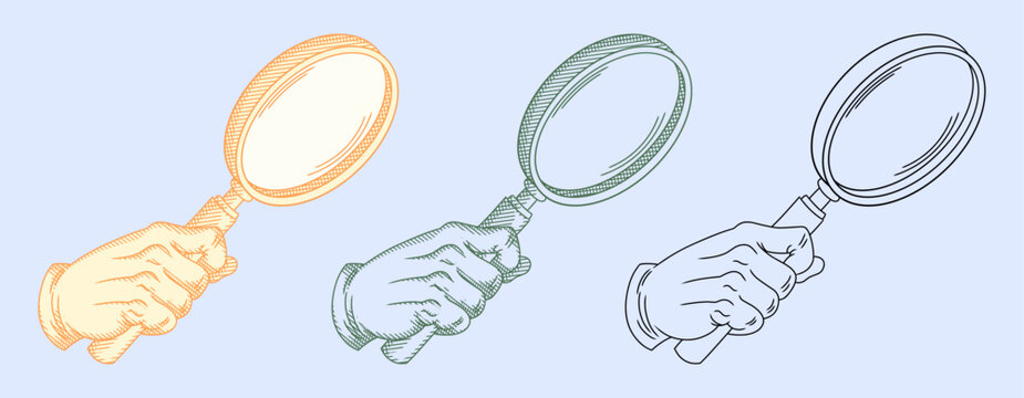 set of a hand holding a magnifying glass, rendered in engraving style.Symbolizes quality assurance, anomaly detection, industrial inspection, and secret investigation.for medical audit,detective theme