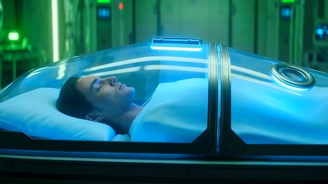 person suspended in horizontal stasis pod under blue light, sealed glass canopy with control strip, green laboratory backdrop, subtle ventilation hum, clinical preservation scenario, steady