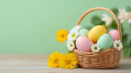 Colorful painted eggs rest in a lovely woven basket, accompanied by cheerful flowers. The scene captures the spirit of spring, bringing joy and celebration to any gathering