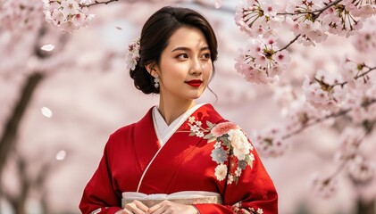 Elegant Kimono amidst Cherry Blossoms: A woman, adorned in a vibrant red kimono, exudes grace as she stands amidst the delicate beauty of blooming cherry blossom trees.