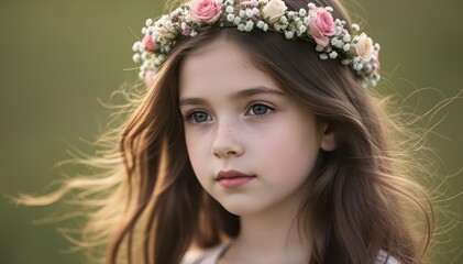 Naklejka premium Blossom Crowned: A portrait of a young girl, adorned with a delicate flower crown, radiating innocence and serenity against a soft, natural backdrop.