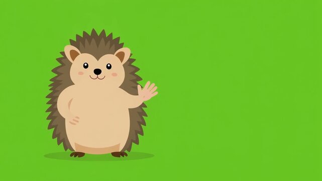 Cartoon-style hedgehog standing upright and waving with a friendly smile, set against a brig